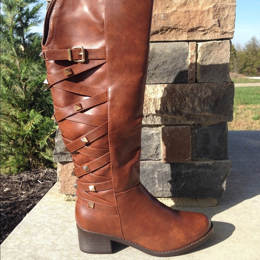 Cognac studded knee high boots
